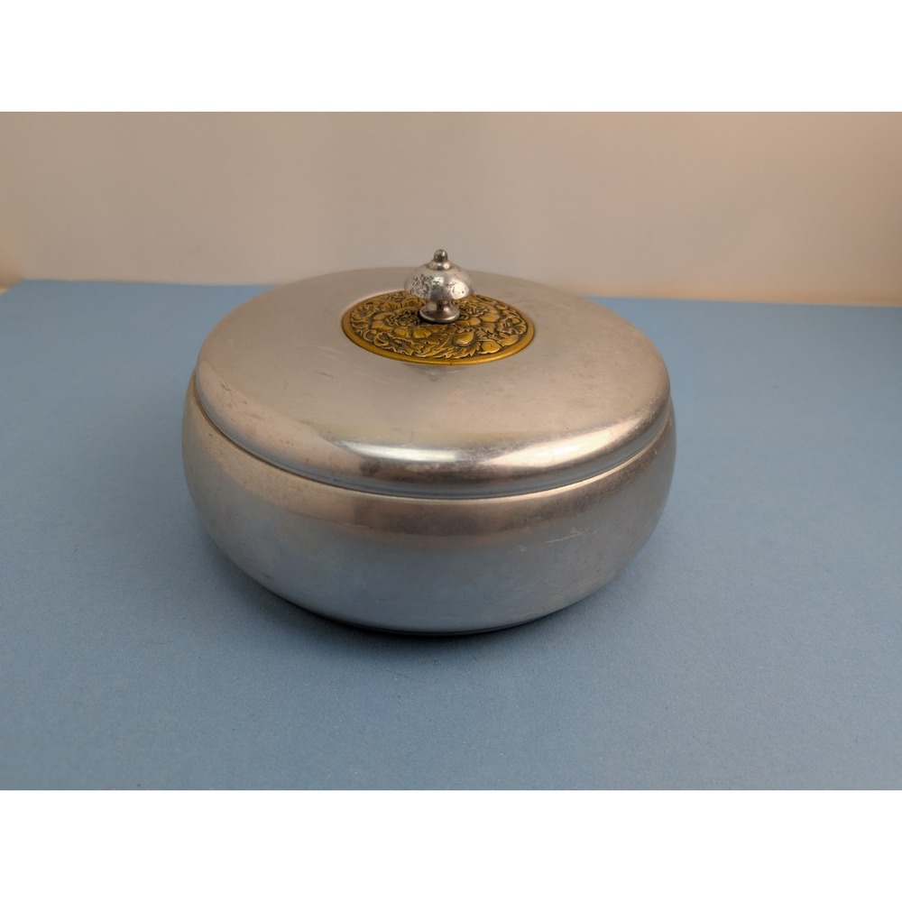Vintage Aluminum Covered Dish Relief Rose Design with Handle Silver Gold Tone